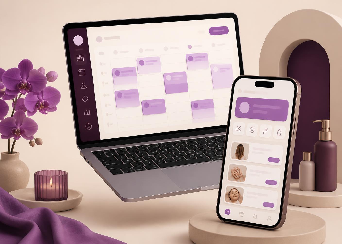 Salora vist på laptop og mobil med kalender og bookingflyt